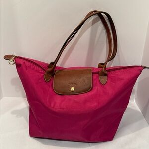 Longchamp original Pink Tote with Brown Leather Trim mid in France